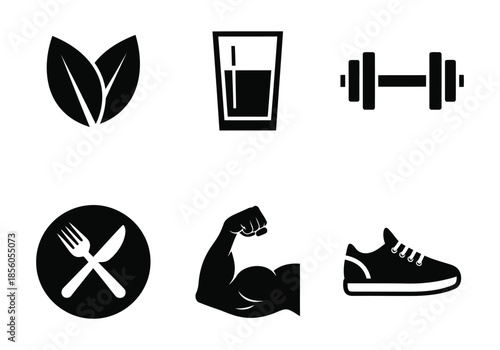 Health and fitness icon set representing nutrition, hydration, and exercise