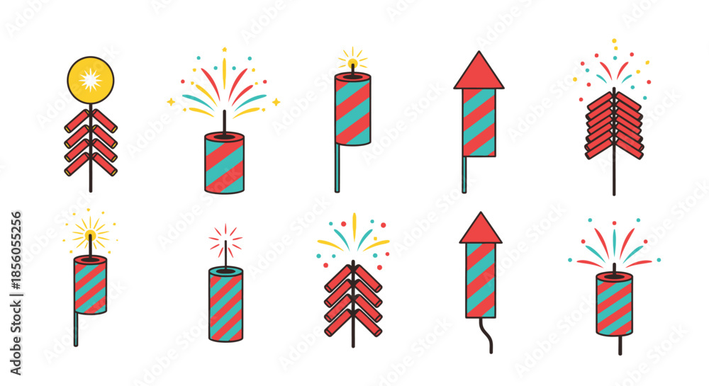 Fototapeta premium Collection of colorful fireworks and firecrackers exploding with sparks and bursts