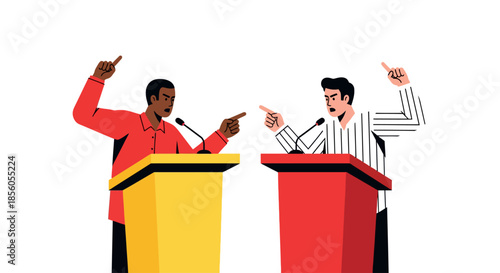 Two men debate passionately at podiums, gesturing emphatically with raised fingers