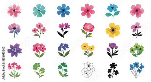 Collection of Colorful and Stylized Floral Illustrations on a White Background