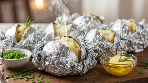 Baked potatoes wrapped in foil with butter and chives on wooden board  