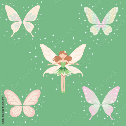 Cute spring fairy with butterflies on green background Magical fairy girl illustration with pastel butterfly wings Whimsical fairy character surrounded by butterflies and sparkles