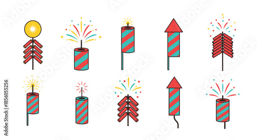 Collection of colorful fireworks and firecrackers exploding with sparks and bursts