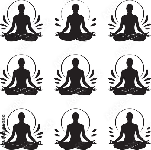 Nine meditation silhouette icons with lotus and aura design
