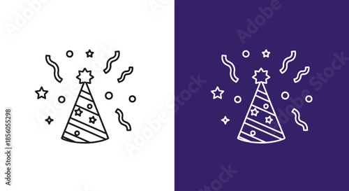 Festive celebration cone hat with confetti and streamers, party graphic