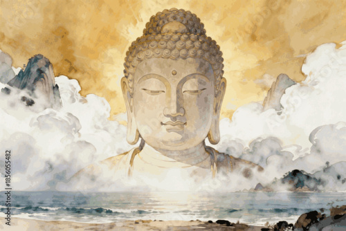 Statue Near Waves Buddha & Ocean isolated watercolor vector illustration svg