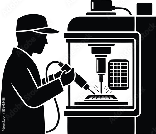 Technician operating cnc machine isolated on white background, Vector