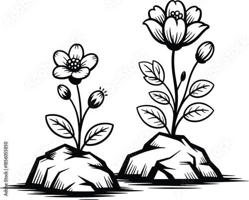 Black and White Sprite Sheet Featuring Two Intricate Variations of Wildflowers with Multiple Buds and Leaves Growing from Individual Cragged Rock Bases
