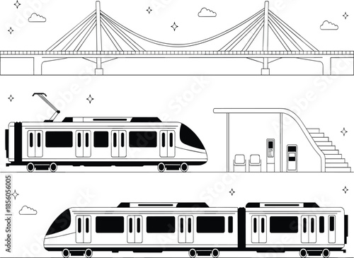 Black and White Line Art Sprite Sheet Featuring a Cable-Stayed Bridge, a Modern Tram, a Transit Station, and a Commuter Train