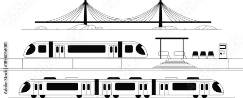Black and White Line Art Sprite Sheet Featuring a Cable-Stayed Bridge Over Water, a Modern Tram, a Transit Station, and a Commuter Train.