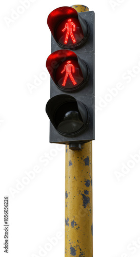 Hyperrealistic red traffic light glowing on a weathered yellow metal pole, isolated on a white background with copy space. Concept of urban regulation and decay.