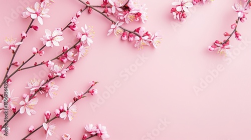 Valentine's Day Soft Pastel Pink Background, Delicate Cherry Blossom Branches with Pink Blooms & Buds (Left Arranged), Gentle Natural Lighting, Fresh Romantic Vibe, Clean Right Blank Space