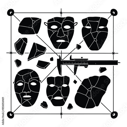 Abstract mask fragments with ruler isolated on white background, Vector