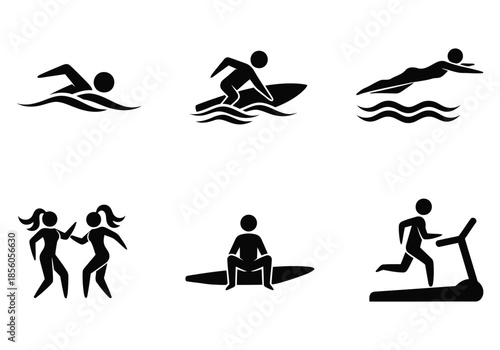 A set of silhouette icons illustrating various sports and physical activities