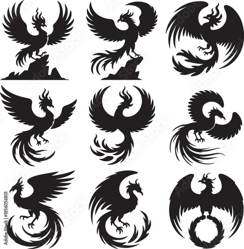 Nine stylized phoenix and dragon illustrations in various poses