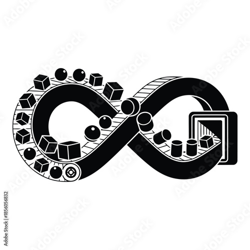 Infinity Loop Conveyor Belt with Cubes and Spheres for Manufacturing Production Line Concept