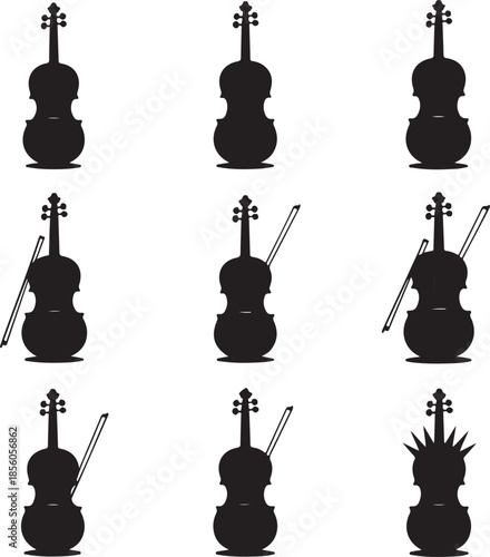 Collection of cello silhouettes with bows isolated on transparent background