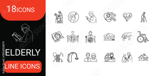 Collection of 18 elderly line icons, elderly, senior,  care, old age for design projects