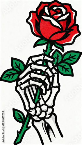 Skeleton Hand Holding a Red Rose Illustration, Floral Graphic Design, Symbolic Art, Tattoo Style, White Background, Close-up View, Contrast Concept