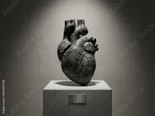 a human heart made of concrete, displayed on a pedestal