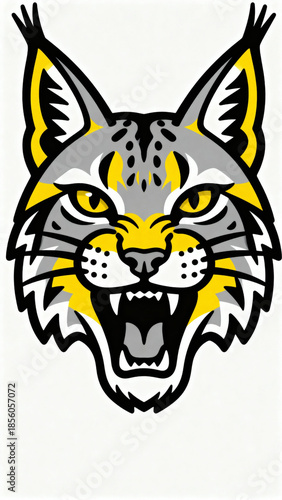 Fierce Lynx Head Illustration, Wild Animal Portrait, Graphic Design on White Background, Close-Up View, Emphasizing Wildlife and Nature Concept