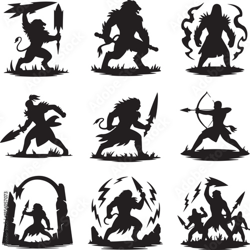 Collection of mythical warrior and creature silhouettes isolated on transparent background