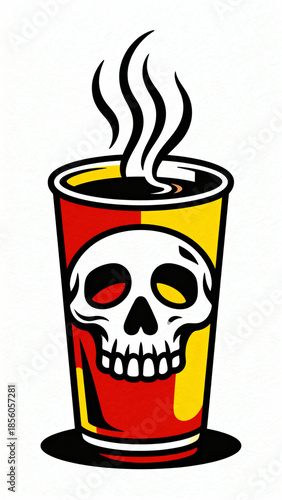 Illustration of steaming hot beverage cup with skull design, graphic art, isolated on white background, digital drink concept, vibrant colors, front view