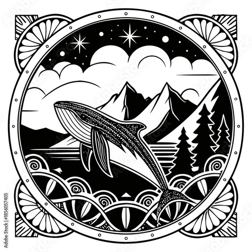 Mystical Whale's Voyage: A captivating monochrome illustration of a whale leaping gracefully from the ocean, against a backdrop of majestic mountains and starry skies.