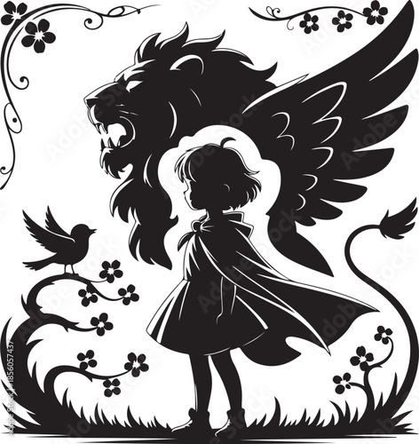 Silhouette of child with mythical creature and bird in artistic scene