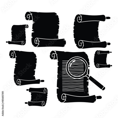 Collection of ancient scrolls with magnifying glass isolated on white background, Vector