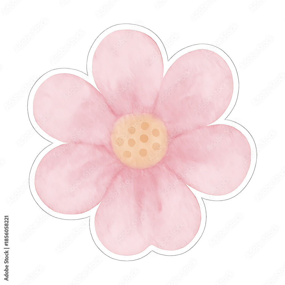 Fototapeta premium A beautiful pink orchid blossom illustration with purple petals and green leaves features a delicate butterfly in a nature-inspired floral design on a clean white background