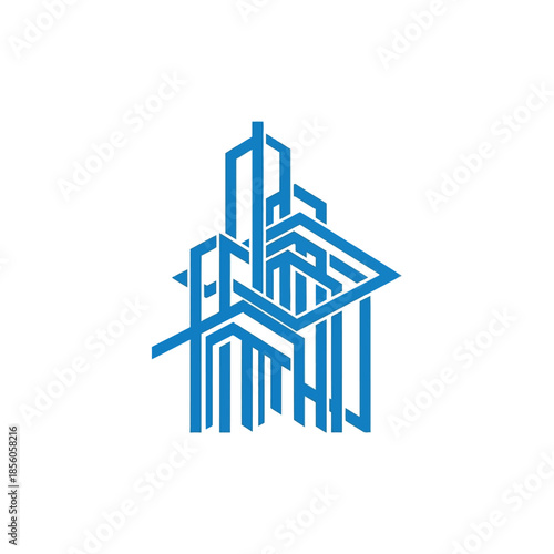 Complex architectural structure illustration featuring modern building design and abstract geometric shapes