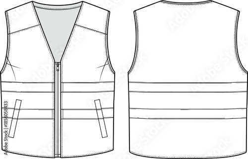 Safety vest technical drawing vector illustration showing front and back views, sleeveless workwear apparel flat design template for fashion production, uniform manufacturing