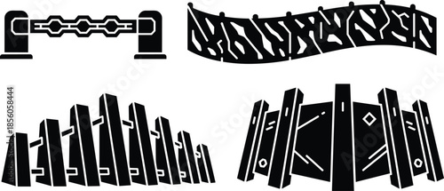 Different fence silhouettes barrier shapes set isolated on transparent background.