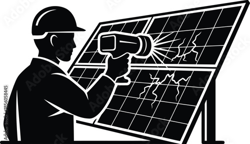 Technician inspecting solar panel isolated on white background, Vector