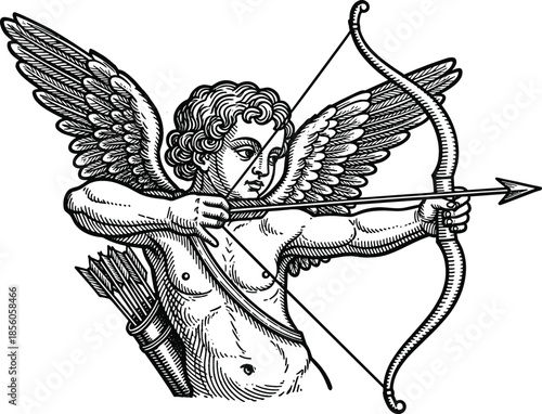 Vintage woodcut style cupid illustration with feathered wings drawing back bow and arrow for romantic mythological designs.