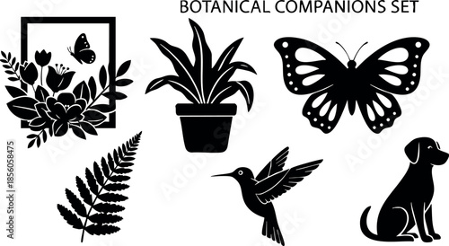 Botanical companions set with plants butterfly hummingbird and dog silhouette vector illustration 