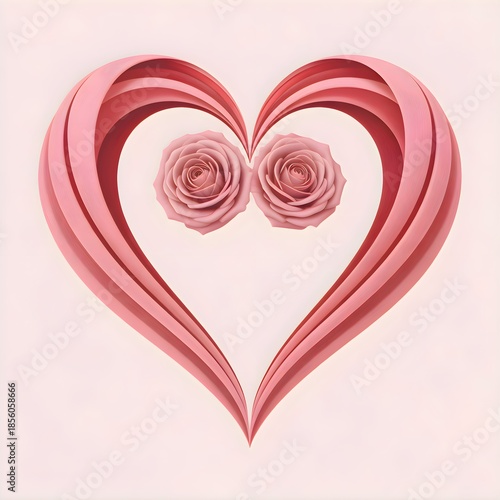 Romantic Pink Heart with Two Roses – Valentine’s Day Love Symbol, Floral Heart Illustration. Generative Ai Image
