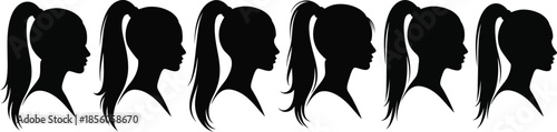 Woman Profile Silhouette with Ponytail Hairstyle Set Vector Illustrations for Beauty, Fashion, and Hair Salon Design