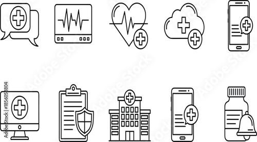Digital health icon set featuring telemedicine chat mobile medical apps cloud healthcare records and hospital heart monitoring symbols