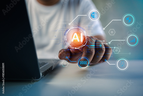 Close up of hand interacting with AI workflow on screen. Concept of artificial intelligence process, machine learning pipeline, data analysis, automation, and smart system integration.