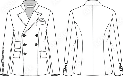Men double breasted blazer technical fashion flat sketch, front and back view formal suit jacket apparel design illustration vector