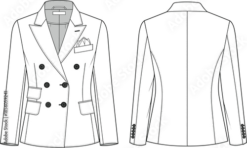 Men classic double breasted blazer technical fashion flat sketch, front and back view formal suit jacket apparel design illustration vector
