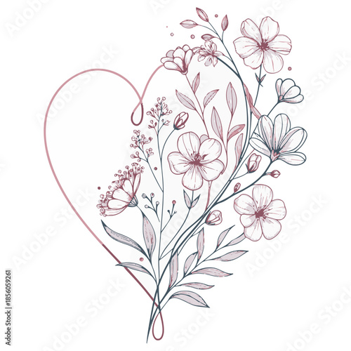 Floral illustration, a graceful bouquet of wildflowers forming the outline of a heart. Pastel pink and powdery shades, thin lines and an elegant composition create a romantic mood. For wedding design