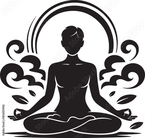 Silhouette of person meditating with decorative swirls and leaves