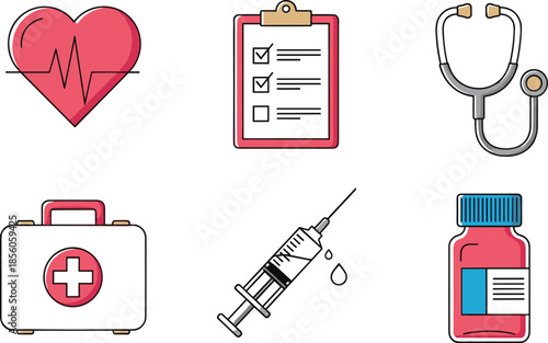 Flat medical icon set featuring colorful heart rate clipboard stethoscope first aid kit syringe and medicine bottle illustrations
