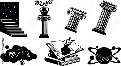Classical columns and science symbols illustration with books and stars vector design 