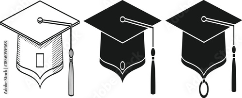 Graduation cap icon set featuring minimalist outline and solid black silhouettes of academic mortarboards with tassels for commencement