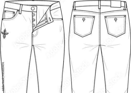 Women slim fit jeans technical fashion flat sketch, front and back view denim pants apparel design illustration vector