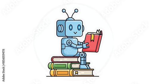 A cute robot reading a book while sitting on a stack of books, learning and studying.